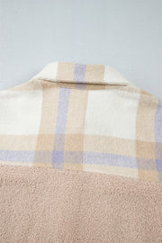Smoke gray plaid sherpa long coat back view showing full length
