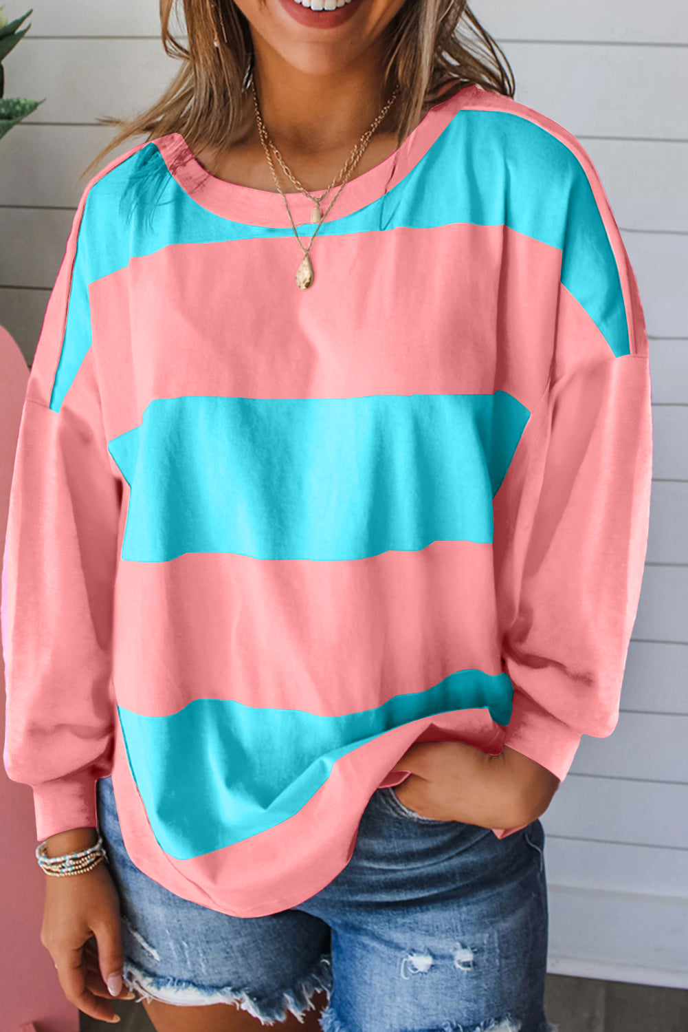 Light Blue colorblock striped drop shoulder top with crew neck