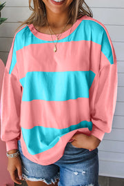 Light Blue colorblock striped drop shoulder top with crew neck
