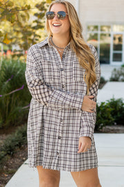 White Stripe plus size plaid button-up tunic shirt dress with shirt collar