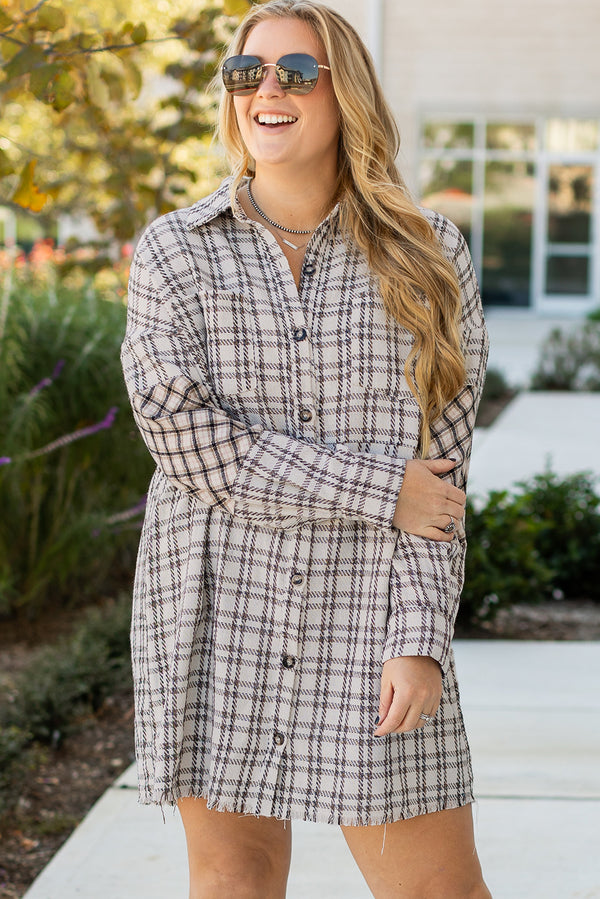 White Stripe Plus Size Plaid Button-Up Raw Hem Tunic Shirt Dress