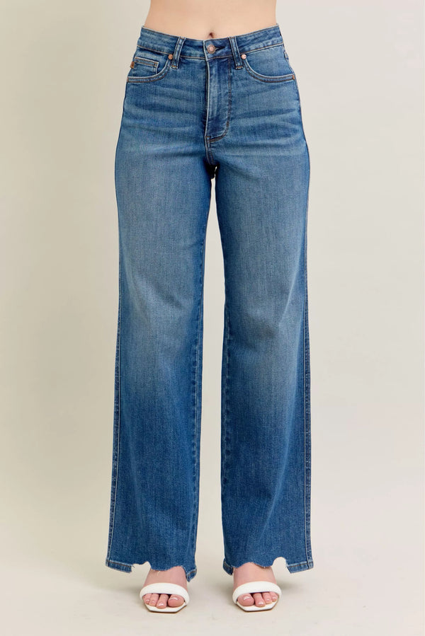 Baggy Jeans High Waist Tummy Control Wide Leg Chew Hem Destroyed Denim (Plus Size 0/24–24W)