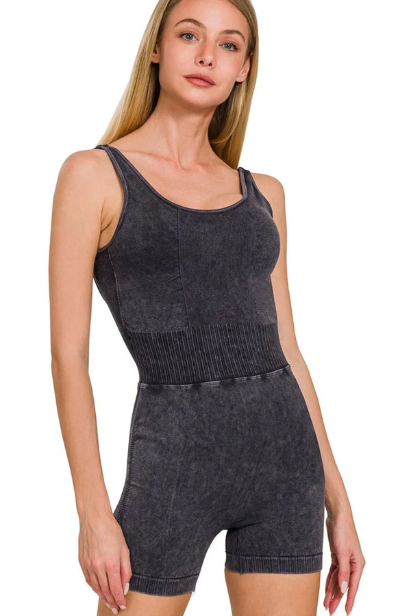 Black Romper with Removable Bra Pad — Washed Sports One-Piece