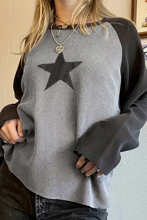 Waffle Knit Colorblock Star Patch Raglan Long Sleeve Top