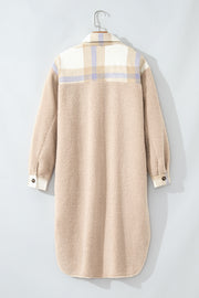 Longline plaid sherpa coat featuring built-in pockets