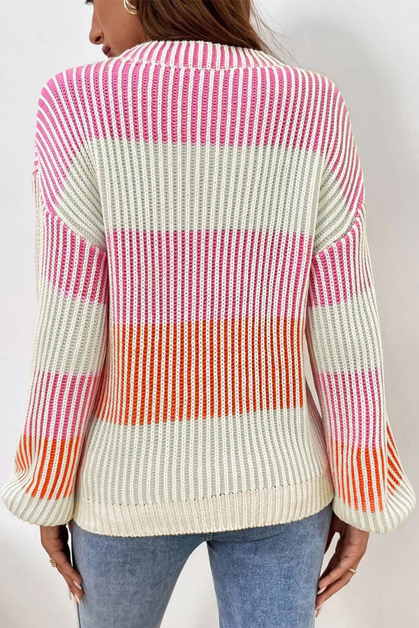 Oversized Sweater in Pink Colorblock Textured Knit with Bubble Sleeves