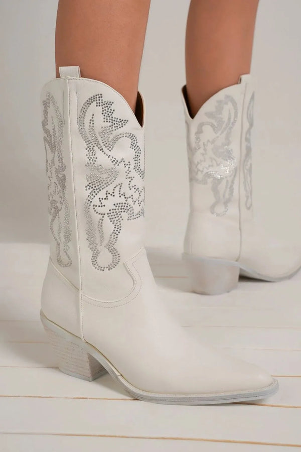 Leather Boots with Rhinestone Detail — White Point Toe Mid-Heel Boots