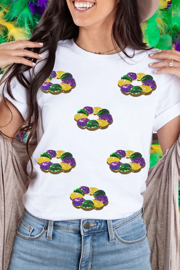 Graphic Tee White Sequined Mardi Gras Crew Neck Short Sleeve Top