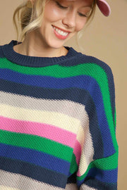 Drop shoulder striped sweater with high stretch for casual daily wear
