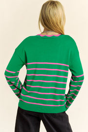 Green stripe cardigan showing V-neckline and relaxed shift silhouette