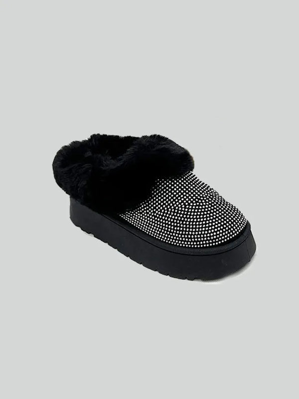 Black Boots — WILD DIVA Embellished Faux Fur Platform Booties
