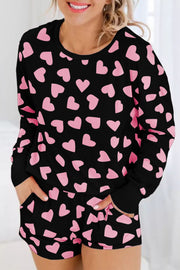 Black heart print long sleeve top and shorts lounge set