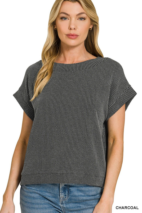 Raised Rib Cap Sleeve Top in Charcoal Stripe