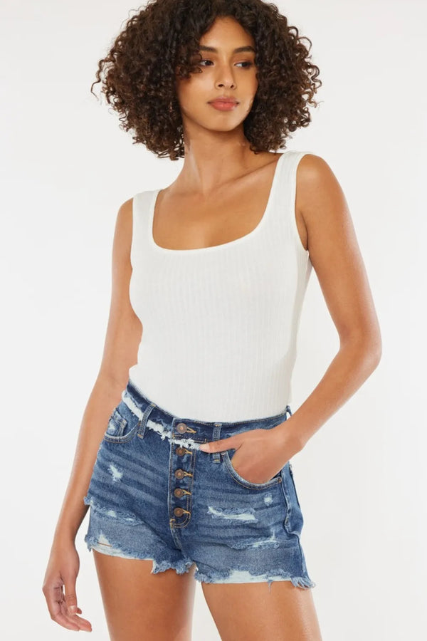 Distressed Denim Shorts with Button Fly & Frayed Hem
