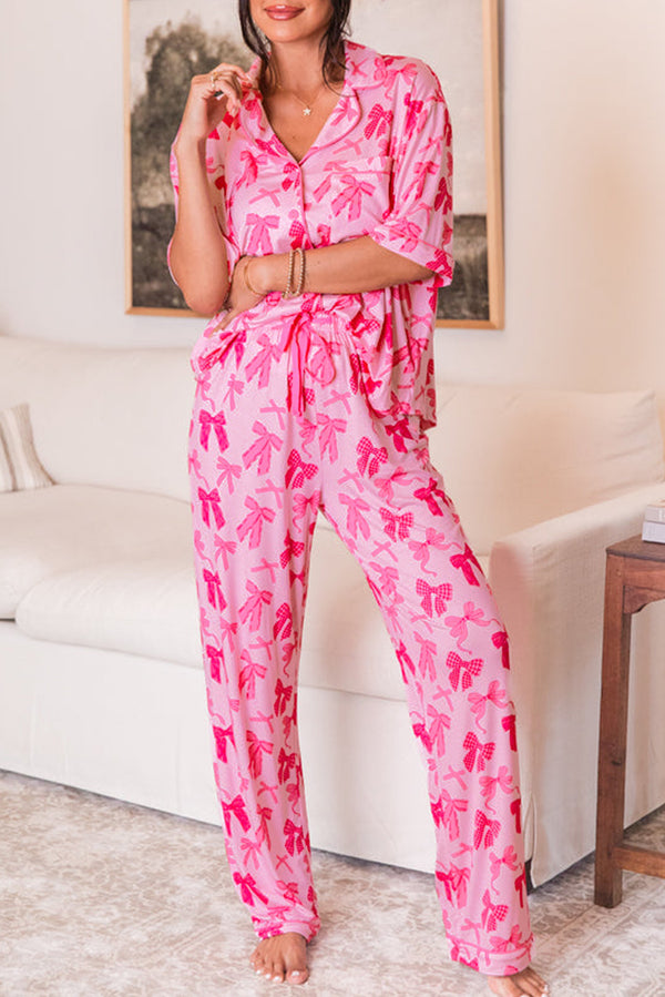 Pink Bow Knot Print Short Sleeve Pajamas & Wide Leg Pants Set