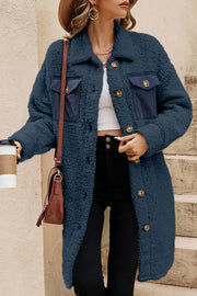 Blue teddy coat with contrast flap pockets, single-breasted style