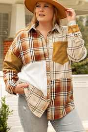 Plus size plaid button-up shacket in golden apricot with turn-down collar