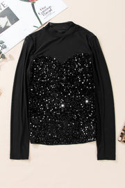 Elegant black sequin blouse with long sleeves and velvet base