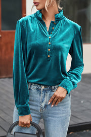 Green velvet frilled neck long sleeve top with buttoned front