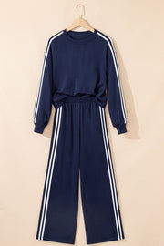 Cotton-blend striped crewneck and joggers set with medium-high stretch