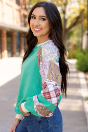 Paisley and plaid raglan pullover with medium-stretch polyester cotton fabric