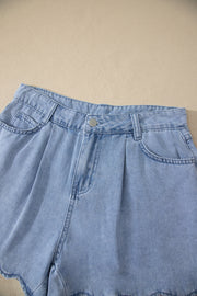 Light blue denim shorts with scalloped hem, front view showing button and pockets
