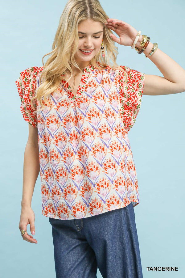 Floral Frill Sleeve Blouse — V-Neck Relaxed Top