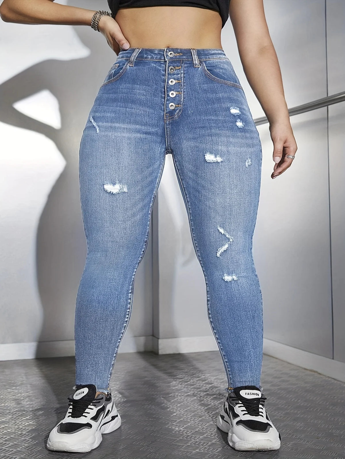 High Waist Plus Size Skinny Jeans with medium stone-washed denim