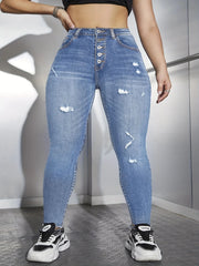 High Waist Plus Size Skinny Jeans with medium stone-washed denim