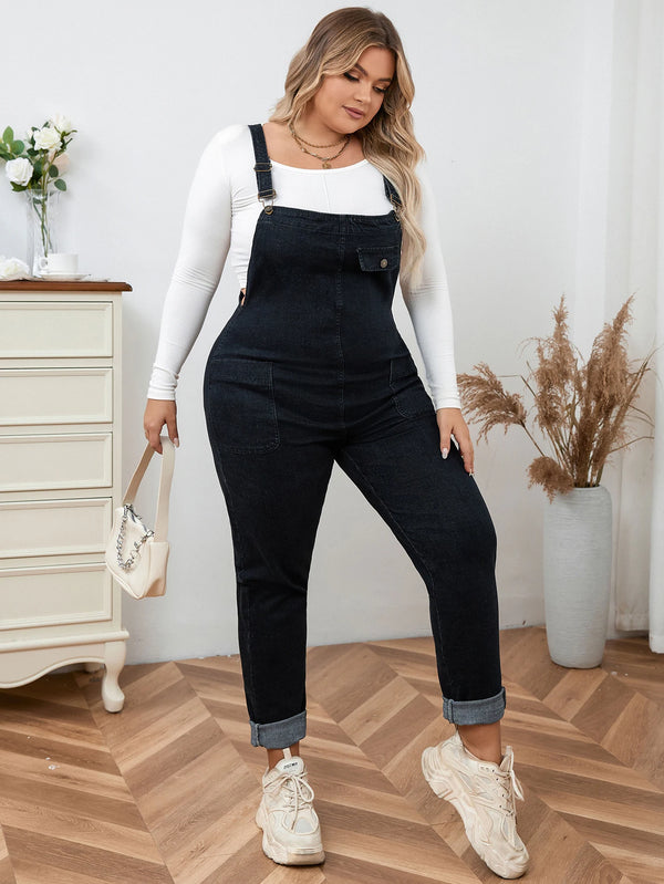 Denim Jumpsuit Black Bib Overalls — Straight-Leg, Pockets, Sizes 0XL–4XL