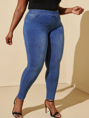 Plus size blue skinny jeans with elastic mid waist