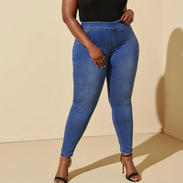 Plus Size Blue Skinny Jeans — Stretch Denim, Elastic Mid Waist