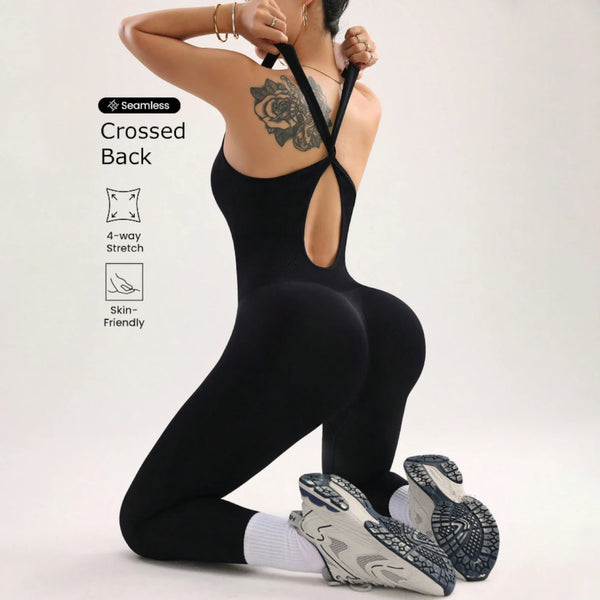 Black Jumpsuit Seamless Full-Length Yoga Bodysuit — Cross Backless