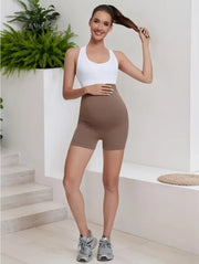 Maternity yoga shorts showing wide elastic waistband detail