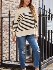 Relaxed-fit crew neck sweater in apricot black stripes, regular length
