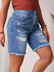 Distressed high waisted denim shorts, breathable woven denim