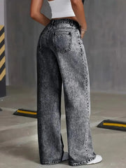 High-waist gray denim jeans, relaxed wide-leg fit