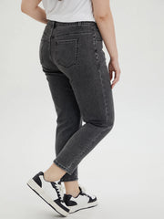 Solid black woven denim jeans with flattering high waistline