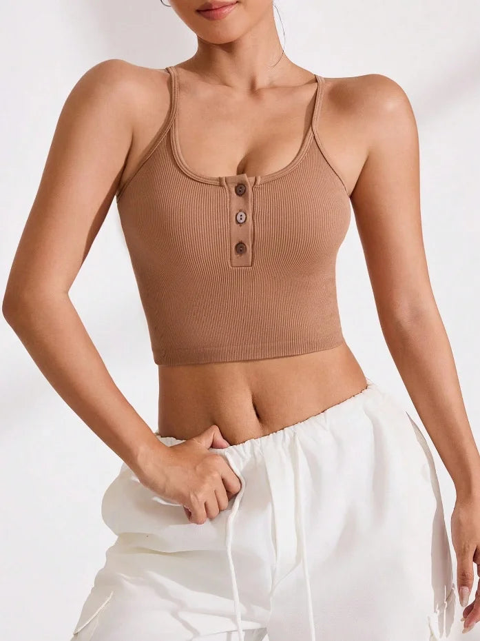 Women's Summer Sleeveless Yoga Top American Style Buttons Small Camisole Vest
