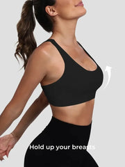 Strappy sports bra with solid crew-style neckline