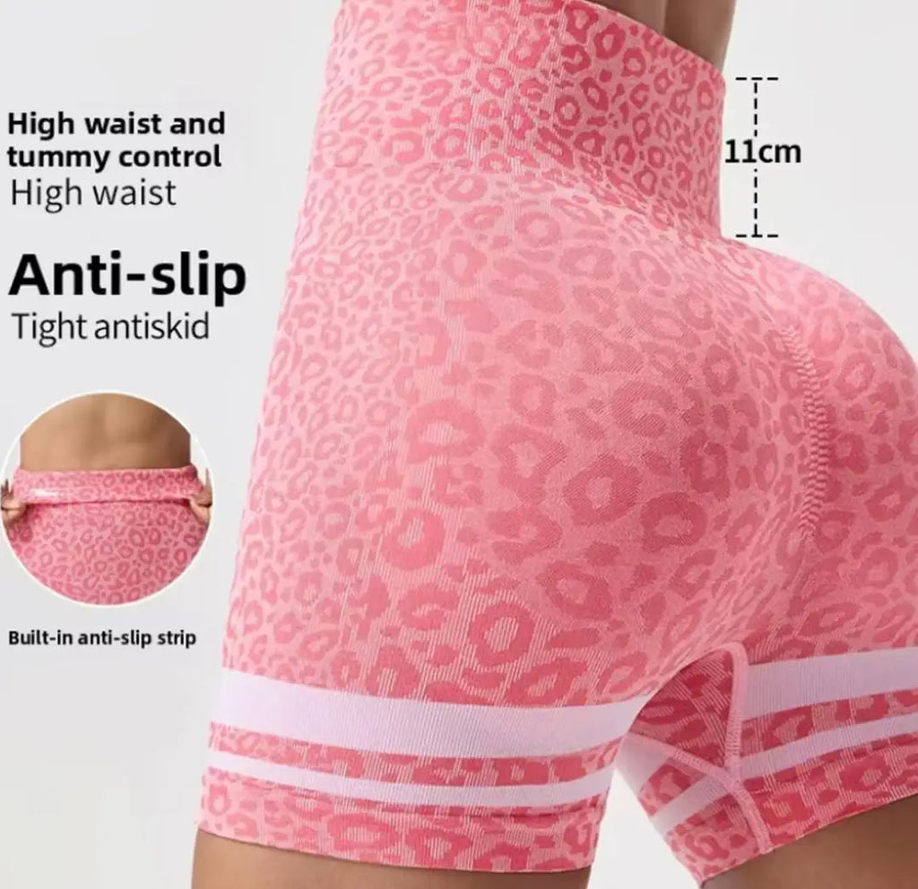 Women's High-Waisted Seamless Yoga Shorts Leopard Print Color-Block Design Elastic Waist for Outdoor Running Spandex/Nylon