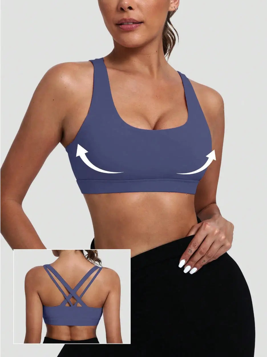 Women's Sports Bra with Medium Support Cross Back Padded Strappy Design Removable Cups Breathable Yoga Bra