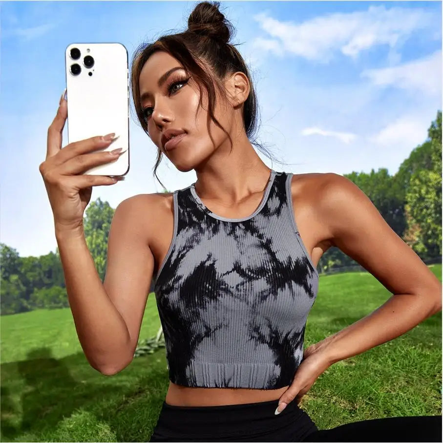Women's Four-Way Stretch Yoga Vest Tie-Dye Spandex Crop Top for Pilates Fitness Solid Lightweight Breathable Seamless for Girls