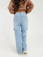 Light blue straight leg denim with subtle logo at the waist