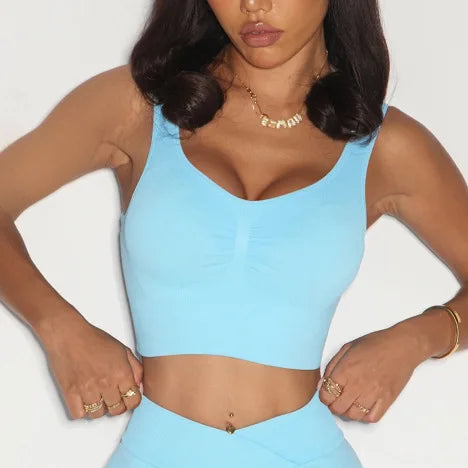 Longline Tank Top Sports Bra - Padded Yoga Crop Top with Built-In Pads