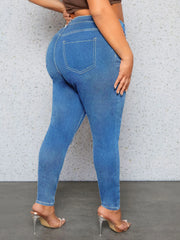 Mid-to-high waist stretchy denim pencil pants for women