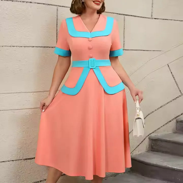 V-Neck Color Block A-Line Work Dress, Plus Size