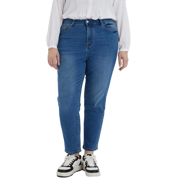 High Waisted Jeans for Women — Dark Blue Straight Leg Denim, Soft & Stretchy