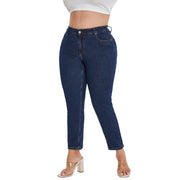 High-stretch dark blue jeans with zipper fly closure
