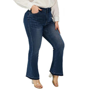 Plus-size dark blue flare jeans with classic zipper fly